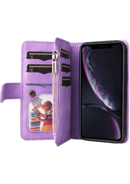 IPhone Xr Iki Renkli Dikiş Fermuar Cüzdan Tarzı Kickstand ile Kılıf (Yurt Dışından)