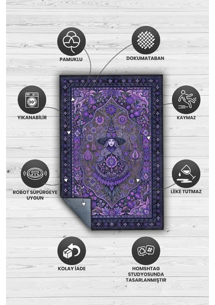 Cadı Figürlü Korku Temalı Salon Halısı Gotik Mor Renkli Oturma Odası Halı Konsept Halı
