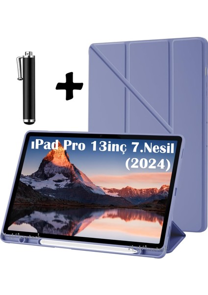 Apple iPad Pro 13 Inç 2024 (M4) Uyumlu Tablet Kılıfı Kalem Bölmeli Standlı Yumuşak Silikon + Dokunmatik Kalem Pro 7.neli