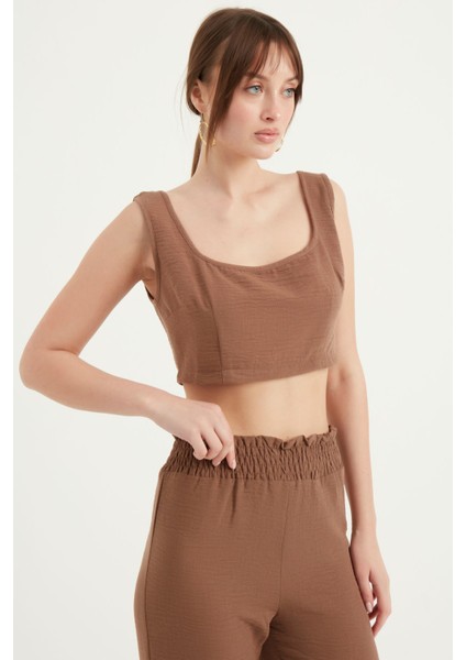 Kalın Askılı Keten Crop Bluz