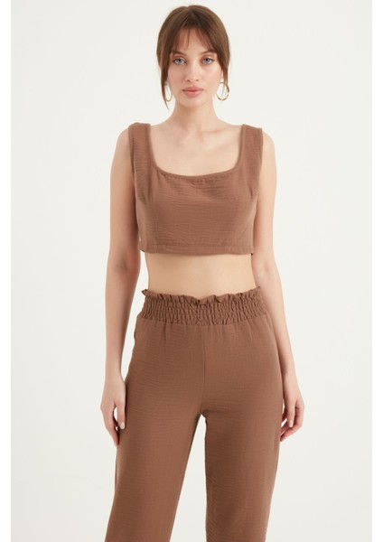 Kalın Askılı Keten Crop Bluz