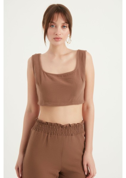 Kalın Askılı Keten Crop Bluz