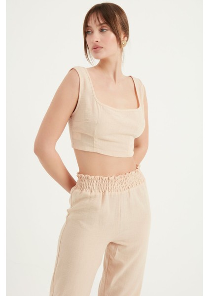 Kalın Askılı Keten Crop Bluz
