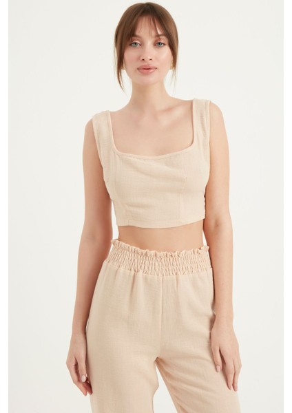 Kalın Askılı Keten Crop Bluz
