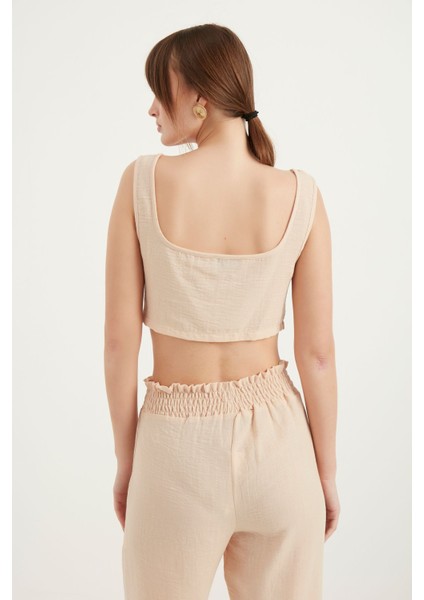 Kalın Askılı Keten Crop Bluz