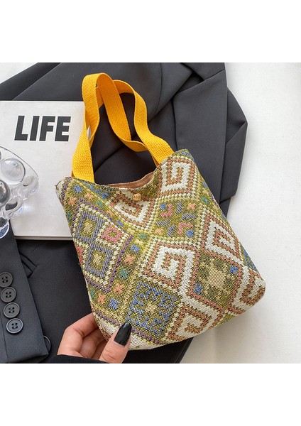 Kadınlar Için Etnik Tarzı Çantalar 2024 Moda Retro El Taşıma Kovası Dışarı Çıkmak Için Kanvas Çanta Çok Yönlü El Taşıma Bozuk Para Cüzdanı (Yurt Dışından)