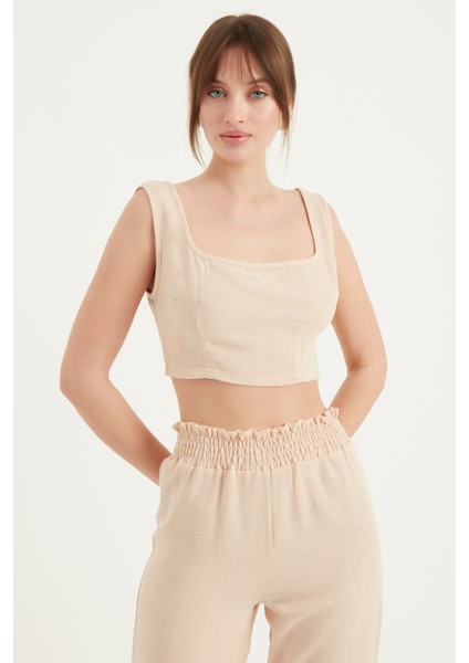 Kalın Askılı Keten Crop Bluz modelleri