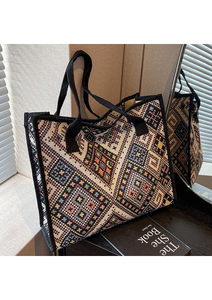 Kadınlar Için Büyük Kapasiteli Etnik Tarzı Kanvas Çanta 2024 Sonbahar ve Kış Moda Anne Çantası Üniversite Öğrencilerinin Sınıfa Katılmaları Için Omuz Çantası (Yurt Dışından)
