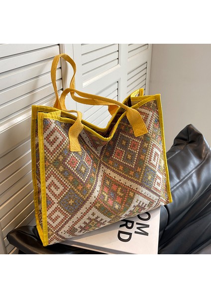 Kadınlar Için Büyük Kapasiteli Etnik Tarzı Kanvas Çanta 2024 Sonbahar ve Kış Moda Anne Çantası Üniversite Öğrencilerinin Sınıfa Katılmaları Için Omuz Çantası (Yurt Dışından)