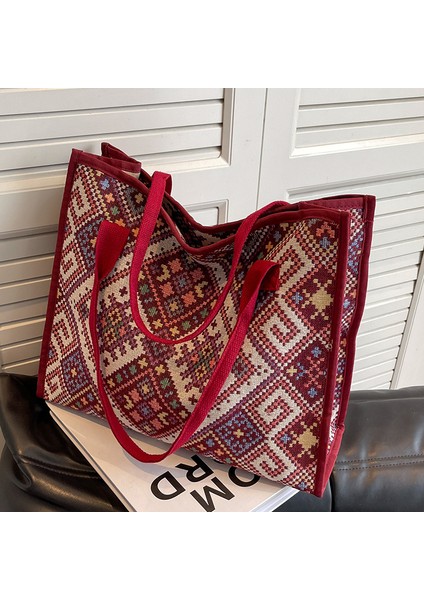 Kadınlar Için Büyük Kapasiteli Etnik Tarzı Kanvas Çanta 2024 Sonbahar ve Kış Moda Anne Çantası Üniversite Öğrencilerinin Sınıfa Katılmaları Için Omuz Çantası (Yurt Dışından)