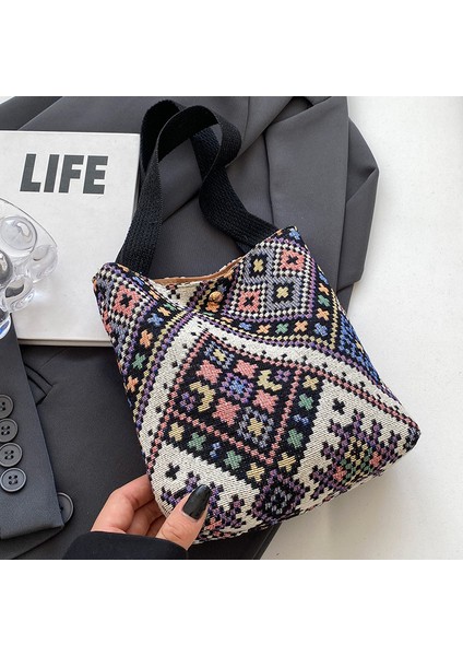 Kadınlar Için Etnik Tarzı Çantalar 2024 Moda Retro El Taşıma Kovası Dışarı Çıkmak Için Kanvas Çanta Çok Yönlü El Taşıma Bozuk Para Cüzdanı (Yurt Dışından)