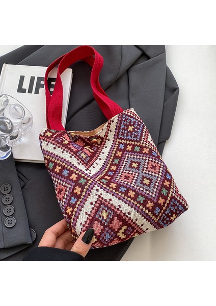 Kadınlar Için Etnik Tarzı Çantalar 2024 Moda Retro El Taşıma Kovası Dışarı Çıkmak Için Kanvas Çanta Çok Yönlü El Taşıma Bozuk Para Cüzdanı (Yurt Dışından)