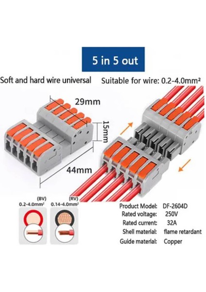 25 Adet Hızlı Kablo Ekleme Birleştirme Konnektörü - Beşli Klemens - Bağlantı Kesme Özellikli