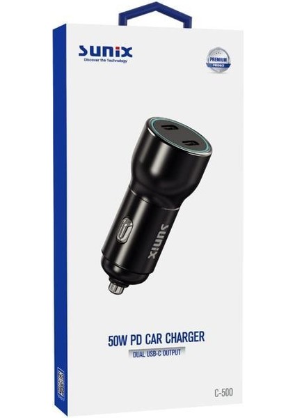 50W Pd Çift Usb-C Çıkışlı Araç Şarj Cihazı Başlık C-500