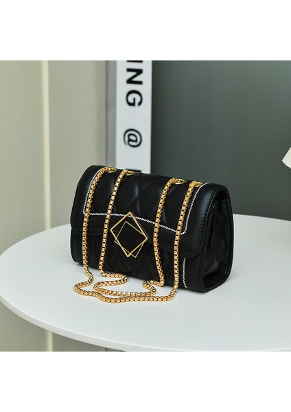 Kadınlar Için Siyah Eşkenar Dörtgen Çanta 2024 Yaz Yeni Moda Çok Yönlü Zincir Omuz Çantası Mizaç Crossbody Çanta (Yurt Dışından)
