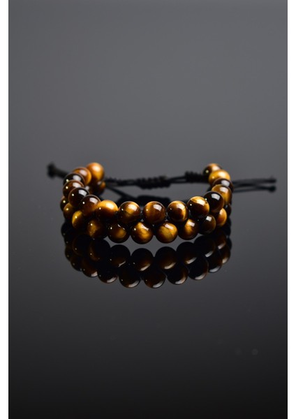 Kaplan Gözü Doğal Taş Çift Sıra Makrome Bileklik 8 mm