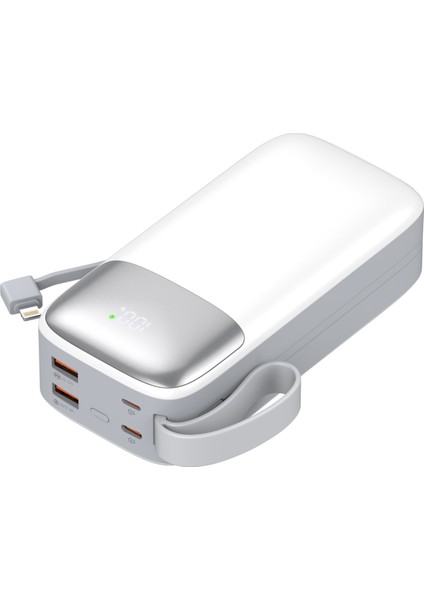 30000 mAh PD 22.5 W Hızlı Şarj Kendinden Kablolu Type-C & Lightning Powerbank Beyaz SW-30PO3