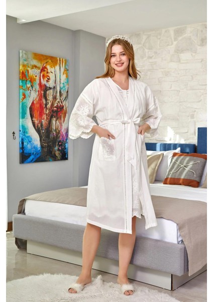 Kadın Lohusa Krem Sabahlık & Pijama Takım 24640-41