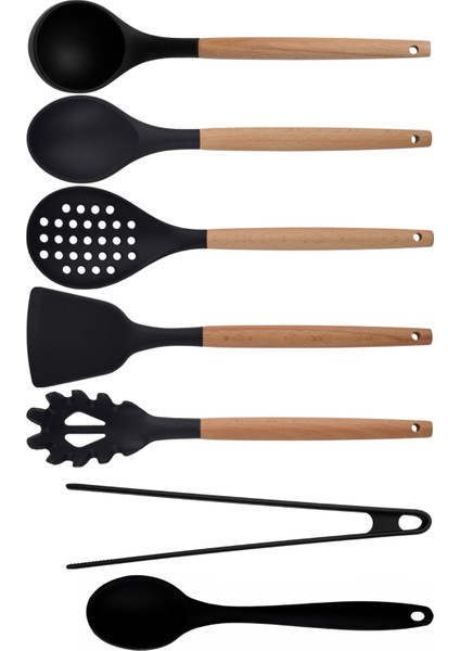 Siyah Bambu Silikon Set - Kepçe, Kaşık, Kevgir, Makarna, Açılı Spatula, Silikon Maşa, Silikon Kaşık 7 li Set