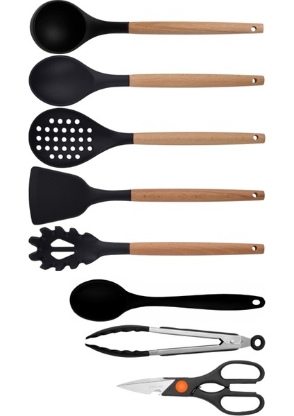 Siyah Bambu Silikon - Kepçe, Kaşık, Kevgir, Makarna, Açılı Spatula, Silikon Kaşık, Metal Maşa, Makas 8 li Set