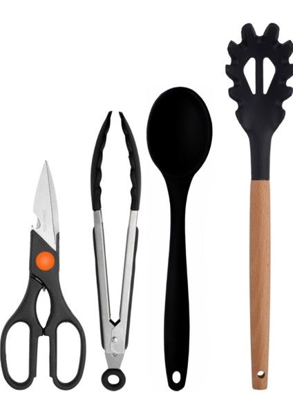 Siyah Bambu Silikon - Kepçe, Kaşık, Kevgir, Makarna, Açılı Spatula, Silikon Kaşık, Metal Maşa, Makas 8 li Set