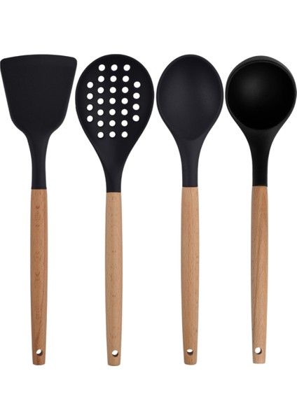 Siyah Bambu Silikon - Kepçe, Kaşık, Kevgir, Makarna, Açılı Spatula, Silikon Kaşık, Metal Maşa, Makas 8 li Set