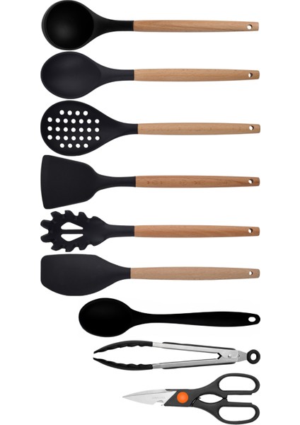 Siyah Bambu Silikon - Kepçe, Kaşık, Kevgir, Makarna, Açılı - Düz Spatula, Metal Maşa, Silikon Kaşık, Makas 9 lu Set