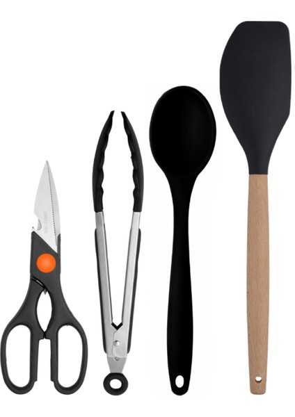 Siyah Bambu Silikon - Kepçe, Kaşık, Kevgir, Makarna, Açılı - Düz Spatula, Metal Maşa, Silikon Kaşık, Makas 9 lu Set