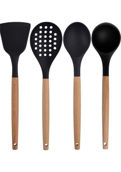 Siyah Bambu Silikon - Kepçe, Kaşık, Kevgir, Makarna, Açılı - Düz Spatula, Metal Maşa, Silikon Kaşık, Makas 9 lu Set