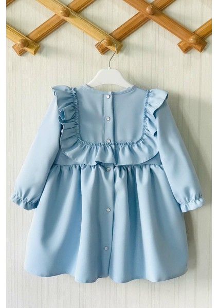 Fırfır ve Kurdele Detaylı Tasarım Bebe Mavi Kız Çocuk Bebek Elbise