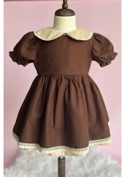Dantel Detaylı Bebe Yaka Kahve Camel Vintage Kız Çocuk Bebek Bayram Elbise