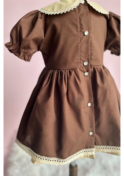 Dantel Detaylı Bebe Yaka Kahve Camel Vintage Kız Çocuk Bebek Bayram Elbise