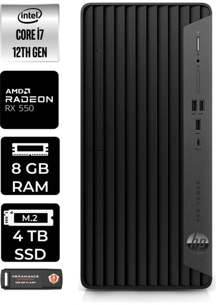 Pro Tower 400 G9 Intel Core I7 12700 8gb 4tb SSD RX550/4GB W11H 6U3M9EA Masaüstü Bilgisayar & Per4 USB Bellek 6U3M9EAP355