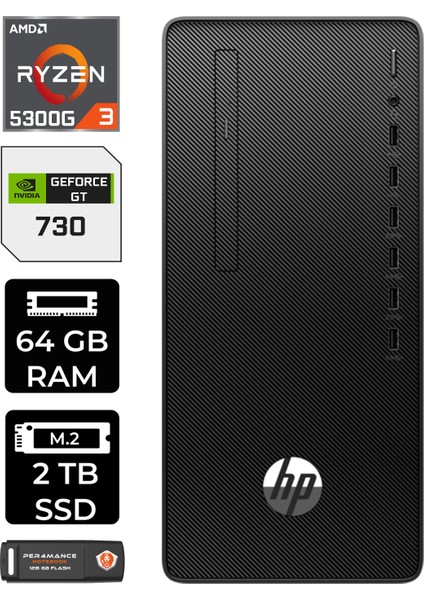 295 G9 Amd Ryzen 3 5300G 64GB 2tb SSD GT730/4GB Fdos 6D391EA Masaüstü Bilgisayar & Per4 USB Bellek 6D391EAP349