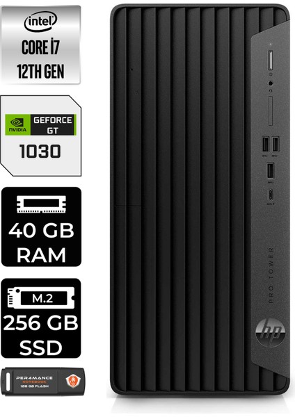 Pro Tower 400 G9 Intel Core I7 12700 40GB 256GB SSD GT1030/4GB Fdos 6U3M9EA Masaüstü Bilgisayar & Per4 USB Bellek 6U3M9EAP336