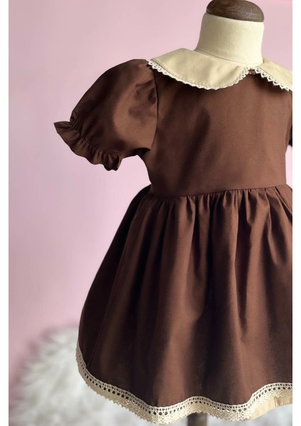 Dantel Detaylı Bebe Yaka Kahve Camel Vintage Kız Çocuk Bebek Bayram Elbise modelleri