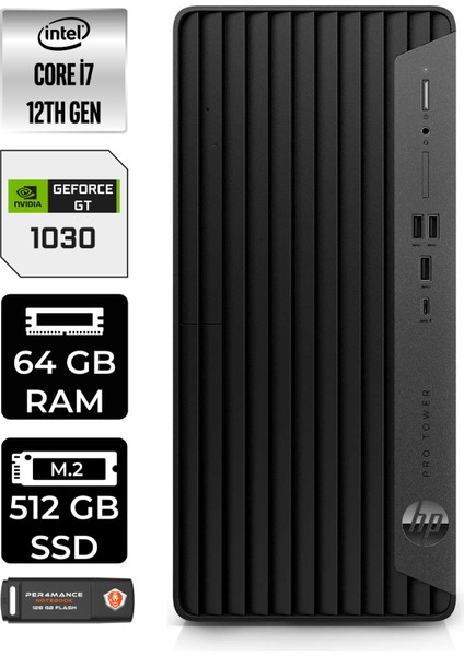 Pro Tower 400 G9 Intel Core I7 12700 64GB 512GB SSD GT1030/4GB Fdos 6U3M9EA Masaüstü Bilgisayar & Per4 USB Bellek 6U3M9EAP347