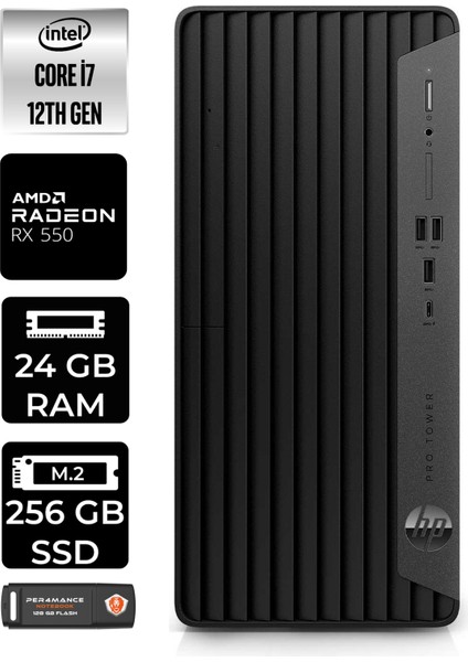 Pro Tower 400 G9 Intel Core I7 12700 24GB 256GB SSD RX550/4GB W11P 6U3M9EA Masaüstü Bilgisayar & Per4 USB Bellek 6U3M9EAP421