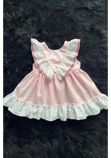 Fisto Fırfırlı ve Kurdele Detaylı Poplin Kız Çocuk Bebek Pembe Elbise