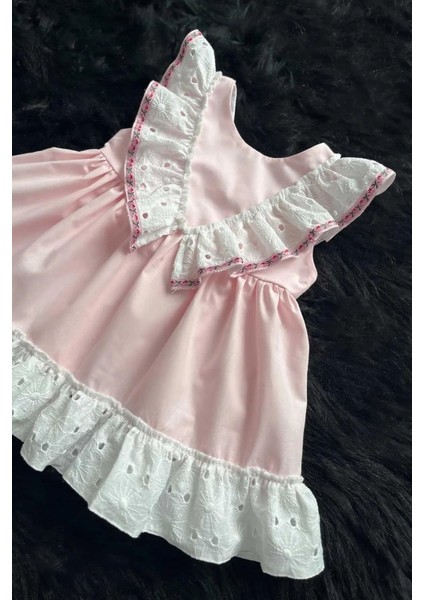 Fisto Fırfırlı ve Kurdele Detaylı Poplin Kız Çocuk Bebek Pembe Elbise