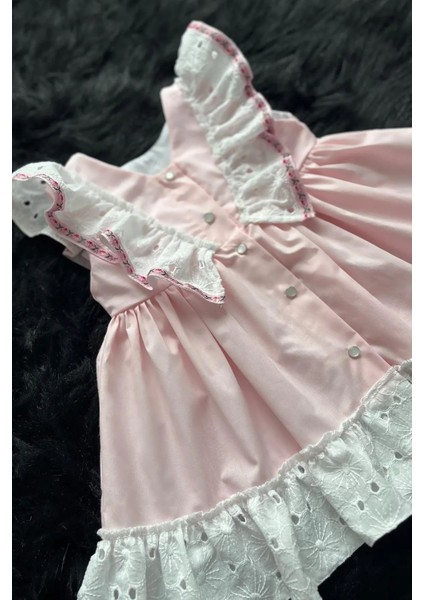 Fisto Fırfırlı ve Kurdele Detaylı Poplin Kız Çocuk Bebek Pembe Elbise
