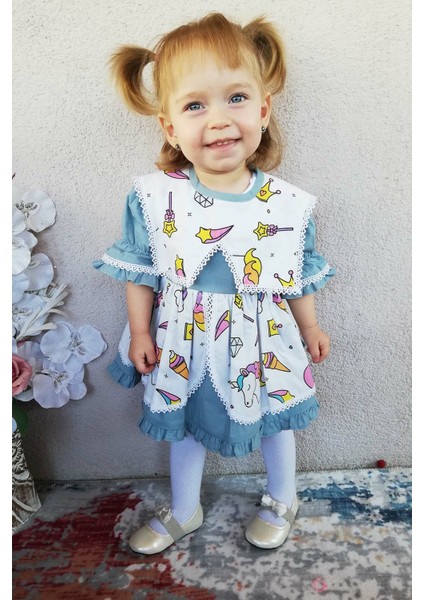 Bahriye Yaka Unicorn Desenli Özel Tasarım Mavi Kız Çocuk Bebek Elbise