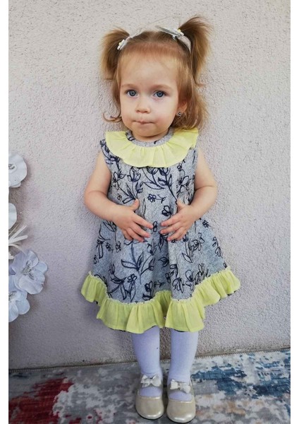 Fırfır Detaylı Kolsuz Gri Sarı Kız Çocuk Bebek Elbise modelleri