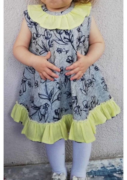 Fırfır Detaylı Kolsuz Gri Sarı Kız Çocuk Bebek Elbise fırsatları