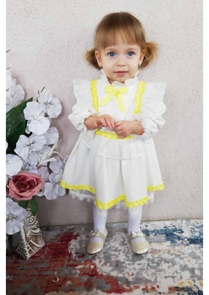 Kurdele Detaylı Fırfırlı Ekru Krep Tasarım Kız Çocuk Bebek Elbise