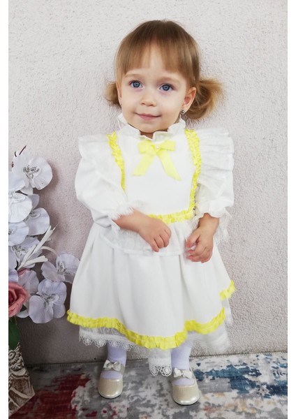 Kurdele Detaylı Fırfırlı Ekru Krep Tasarım Kız Çocuk Bebek Elbise