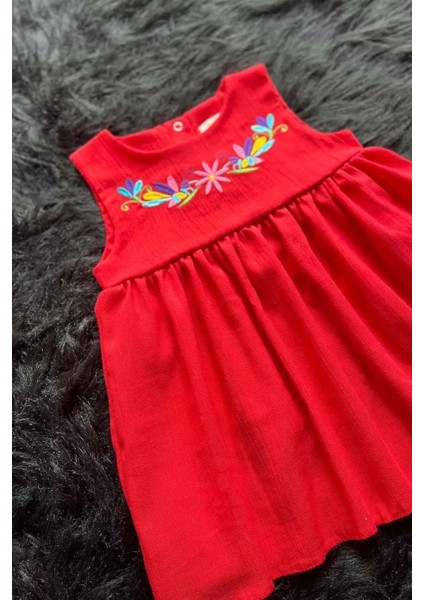 Nakışlı Kız Çocuk Bebek Şile Bezi Nar Çiçeği Renk Elbise