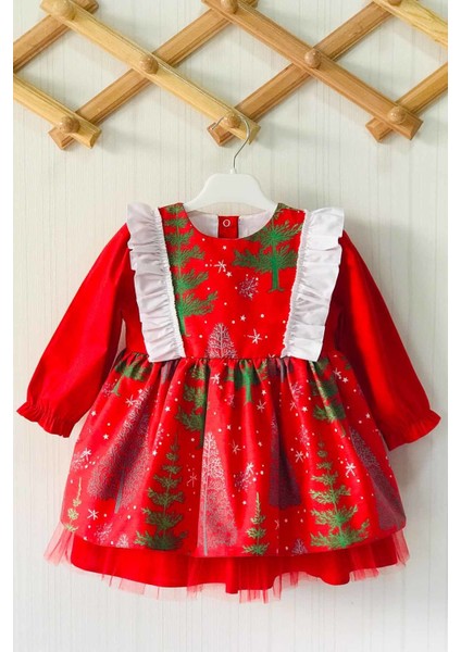 Yeniyıl Çam Ağaç Desenli Kırmızı Kız Çocuk Bebek Noel Elbise