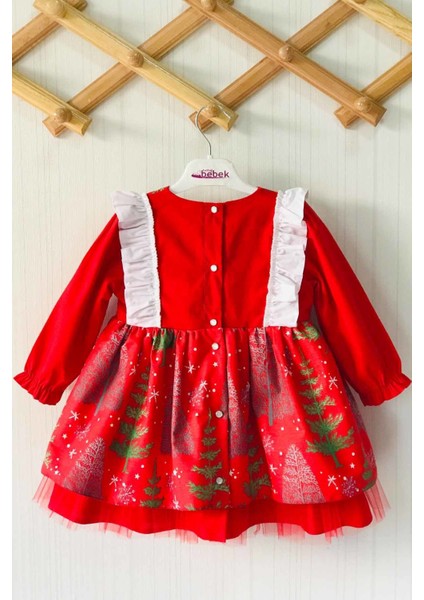 Yeniyıl Çam Ağaç Desenli Kırmızı Kız Çocuk Bebek Noel Elbise
