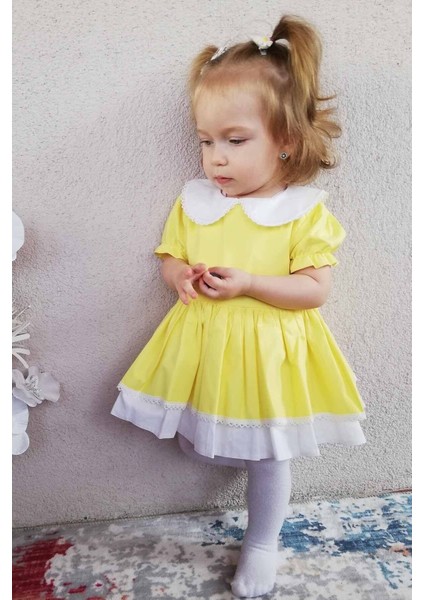 Dantel Detaylı Bebe Yaka Sarı Kız Çocuk Bebek Elbise modelleri